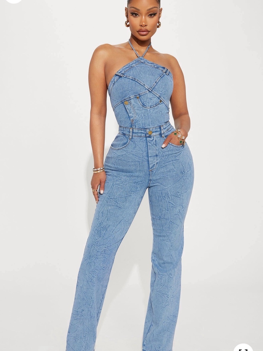 Fashion Nova Light Blue Crinkle Denim Halter Wide-Leg Jumpsuit